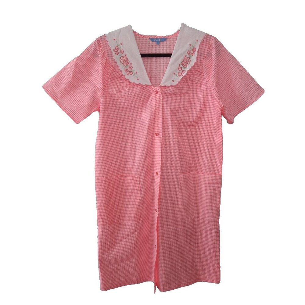 Vtg Pink Gingham Midi House Dress Peter Pan Collar Pockets Pearl Snap Women's S